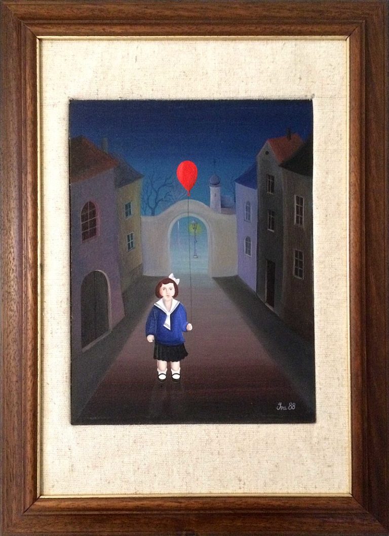 Malování je její velkou vášní: Holčička s červeným balónkem. Olej na dřevěné desce.
